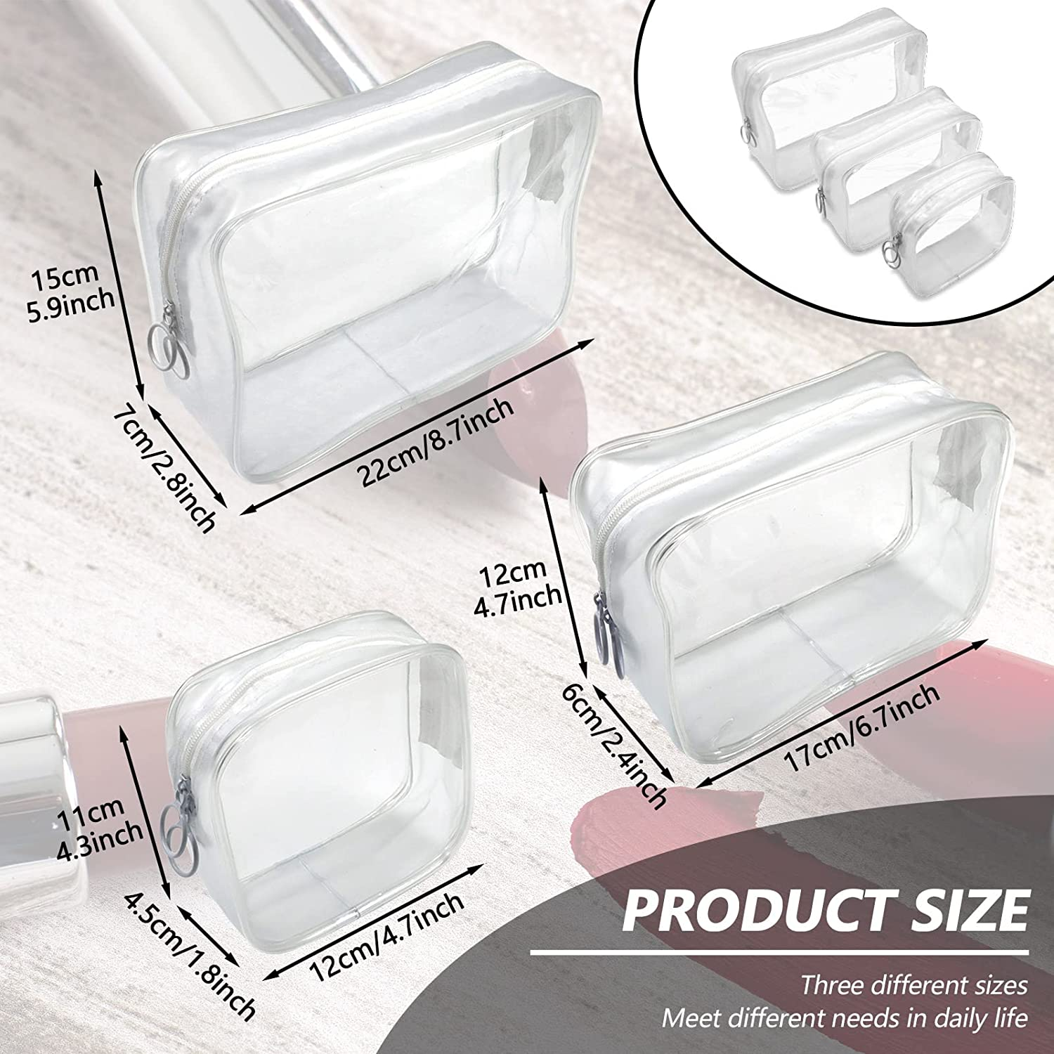 Set of 3 Clear Cosmetic Bags, Double Zipper Sliders Clear Travel Makeup Bags, Water Resistant Toiletry Bags, Portable Clear Pouches, Transparent Travel Pouch Bags (White) image number 5