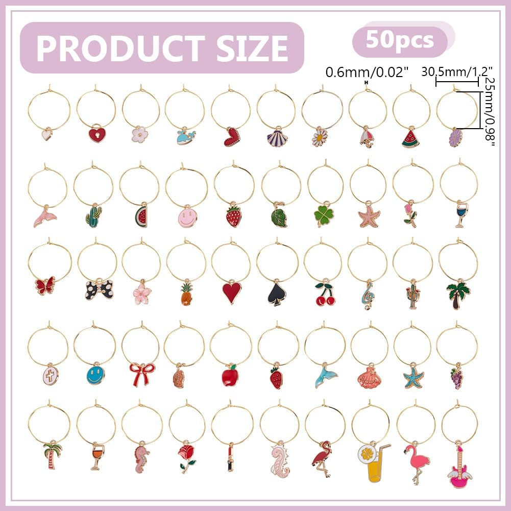 HOBBIESAY 50Pcs Wine Glass Charms with 50Pcs Hoops Unique Drink Markers Assorted Drink Identifiers Mixed Style Wine Charms Accessories for Party Cocktail Wedding and Wines Tasting Events image number 2