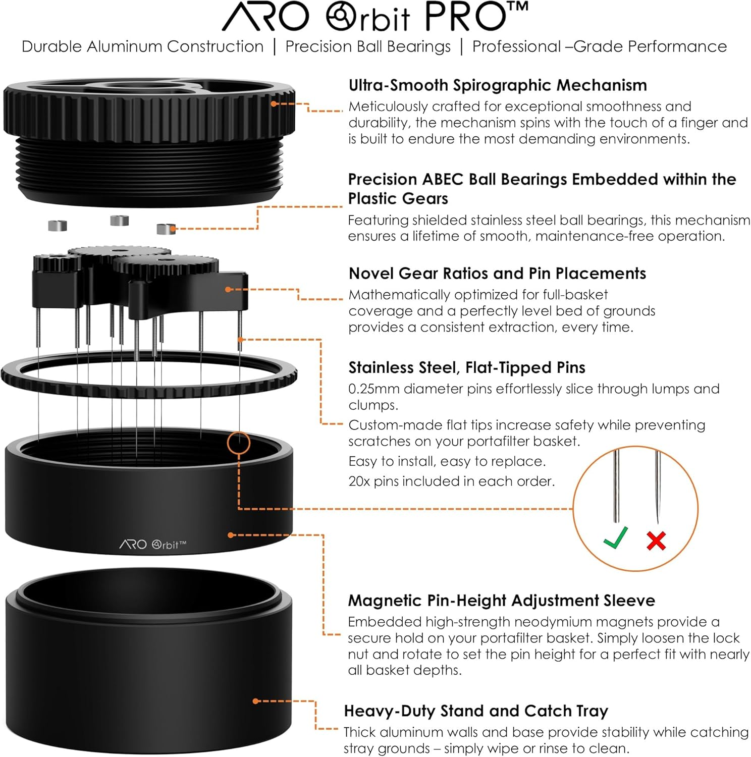 ARO Orbit PRO&trade; | Aluminum Spirographic Espresso Distribution Tool | Geared WDT for Home Baristas and Professional Caf&eacute;s (Black, 58Mm)