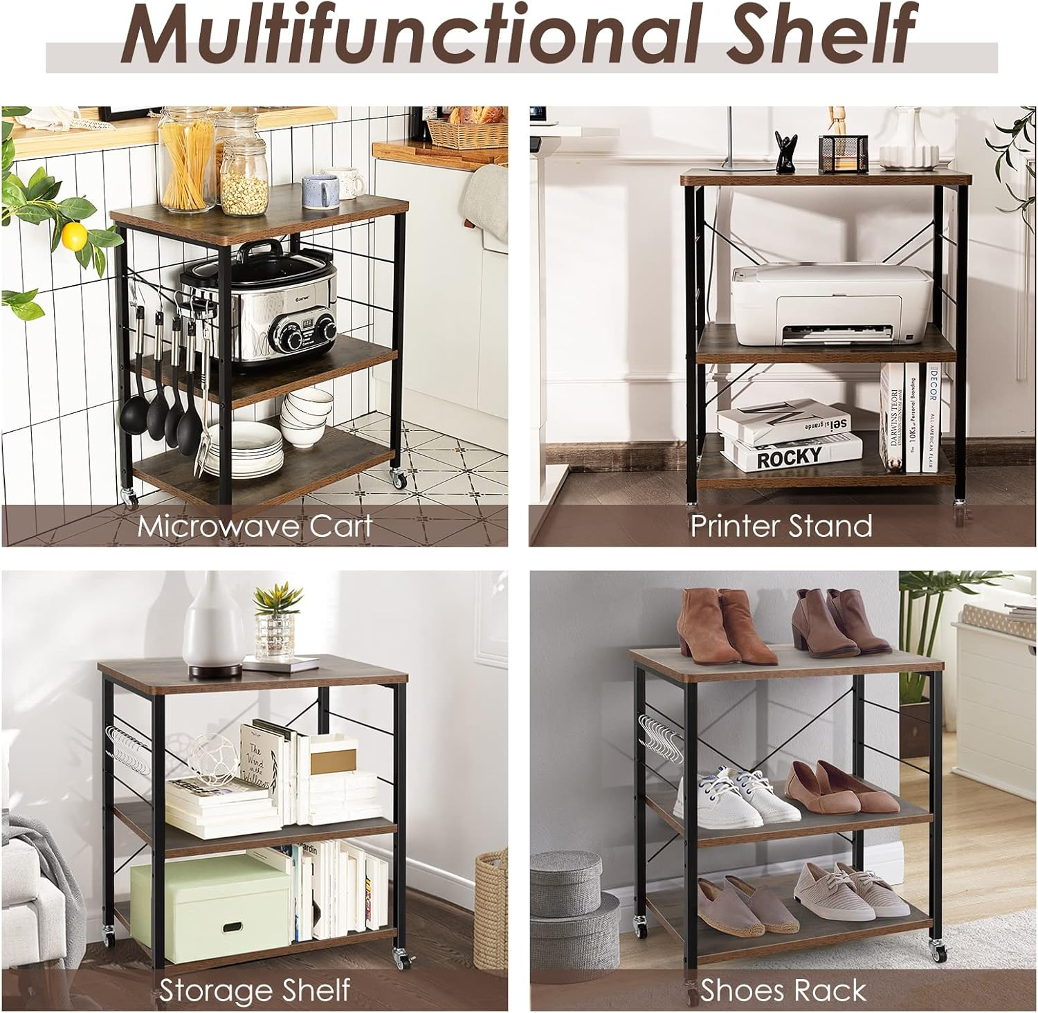 Costway 3-Tier Baker&rsquo;S Rack, Kitchen Utility Serving Cart W/ 10 Removable Hooks, Standing Microwave Shelf Metal Frames W/Lockable Casters for Coffee Restaurant Hotel (Rustic Brown) image number 5