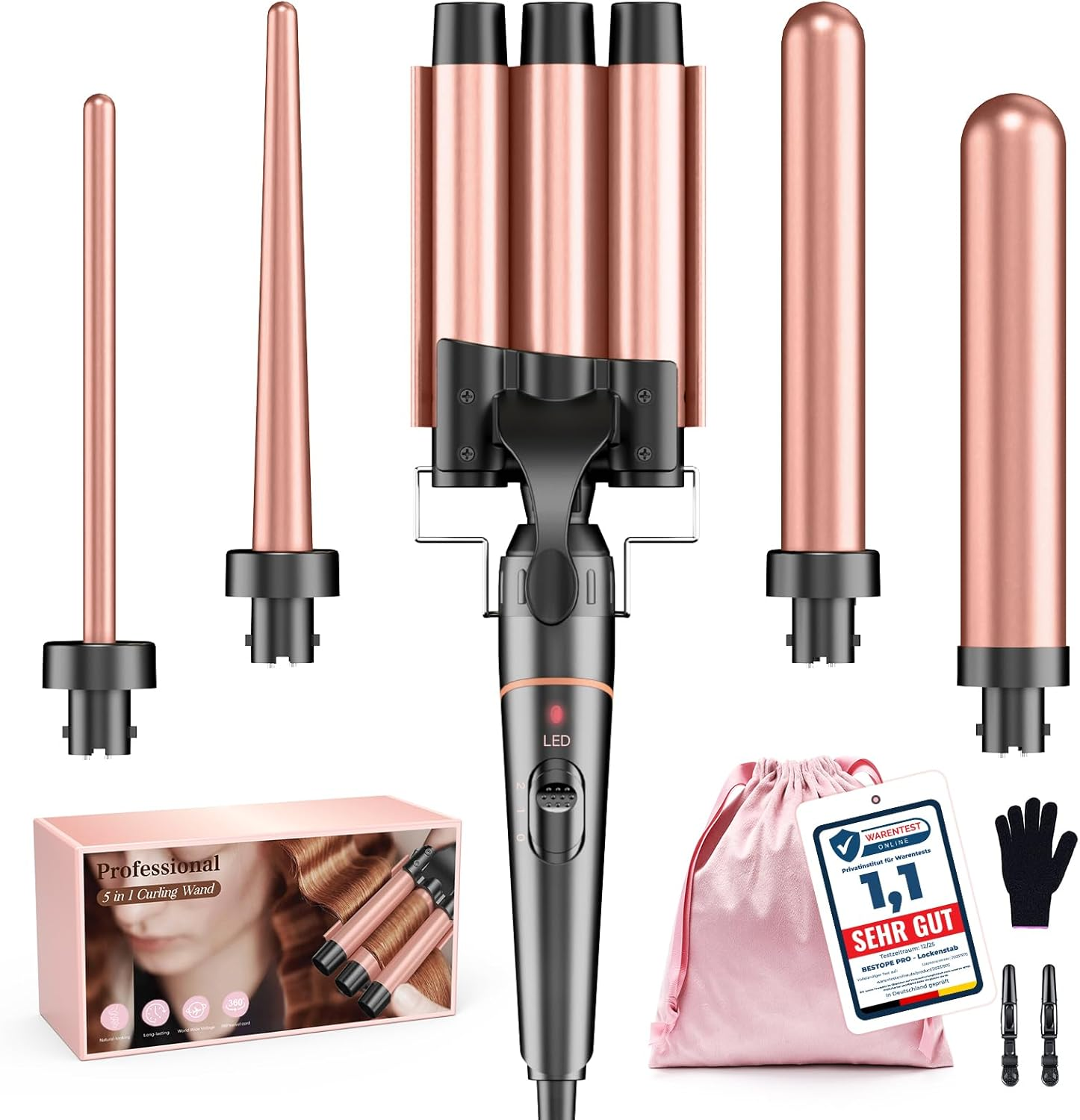 BESTOPE PRO Curling Iron Set 5 in 1 3 Ceramic Barrels for Large Curls and Waves Fast Heating, 2 Temperature Levels, Curlers with Glove and 2 Clips, Anti-Frizz Double Voltage image number 3