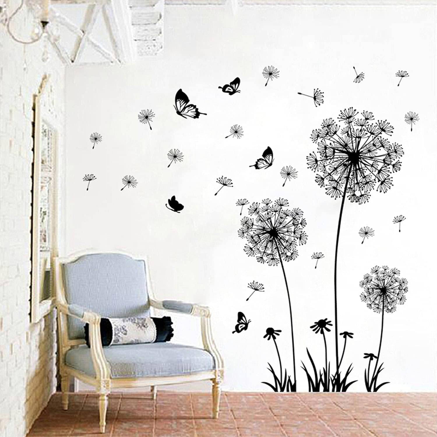 Arawat Dandelion Wall Decals 2 Set Flower Stickers Murals Butterflies Wall Decor for Bedroom Office Bathroom Living Room Floral Wall Decals Removable Wall Art Decoration Peel and Stick Room Wall Decor image number 1