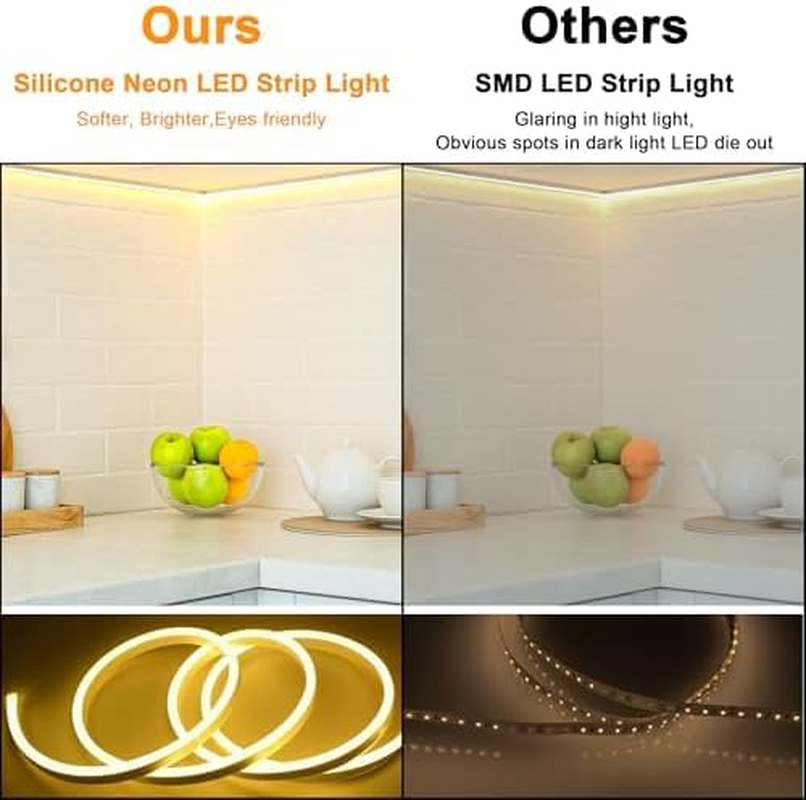 16.4Ft Neon LED Strip Light, Cozylady Warm White Waterproof Rope Light with Power Supply and Dimmer Controller, 5M Flexible DIY Silicone 24V LED Neon Rope Light for Kitchen Indoor Outdoor Decor