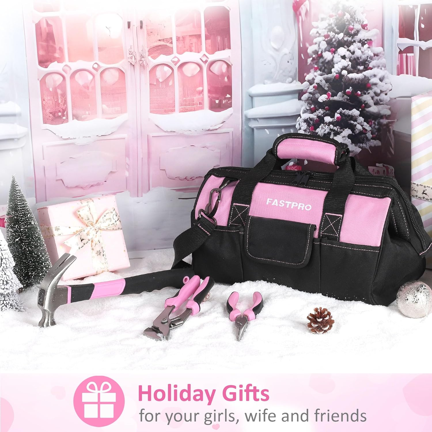 FASTPRO Pink Tool Set, 220-Piece Lady'S Home Repairing Tool Kit with 12-Inch Wide Mouth Open Storage Tool Bag image number 4