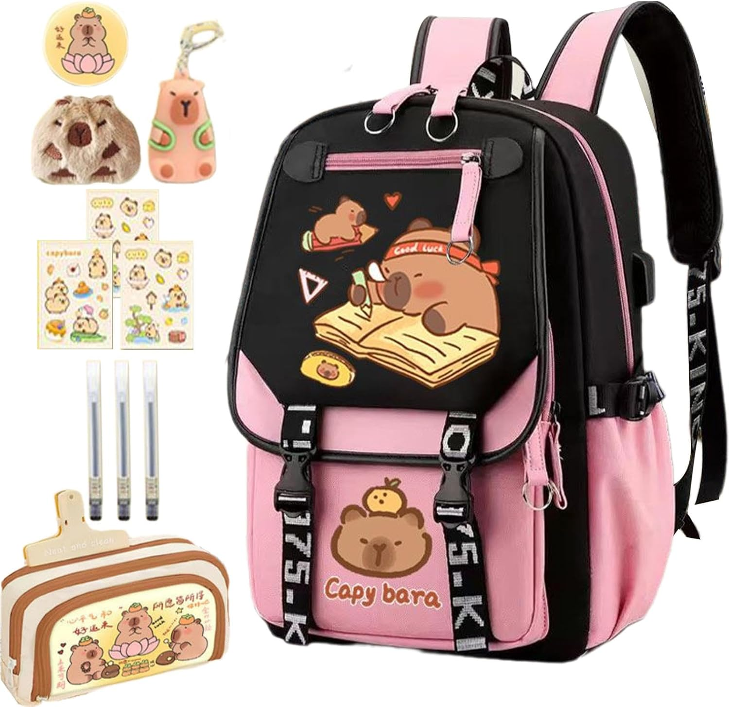 Cute Capybara Backpack, 18" Large Capacity School Backpack Cute Capybara Backpack, Capybara Daypack for Girls Teens Students Causal Rucksack with Pencil Case Badge Pen Keychain Sticker Plush Pendant
