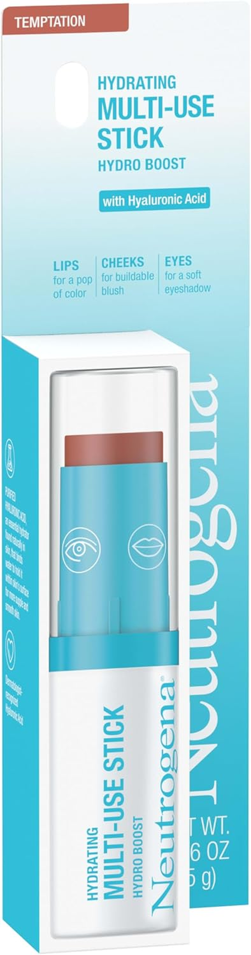 Neutrogena Hydro Boost Hydrating Multi-Use Makeup Stick with Hyaluronic Acid, Multipurpose Colored Makeup Balm for Lips, Cheeks & Eyes, Non-Comedogenic, Paraben-Free, Temptation, 0.26 Oz