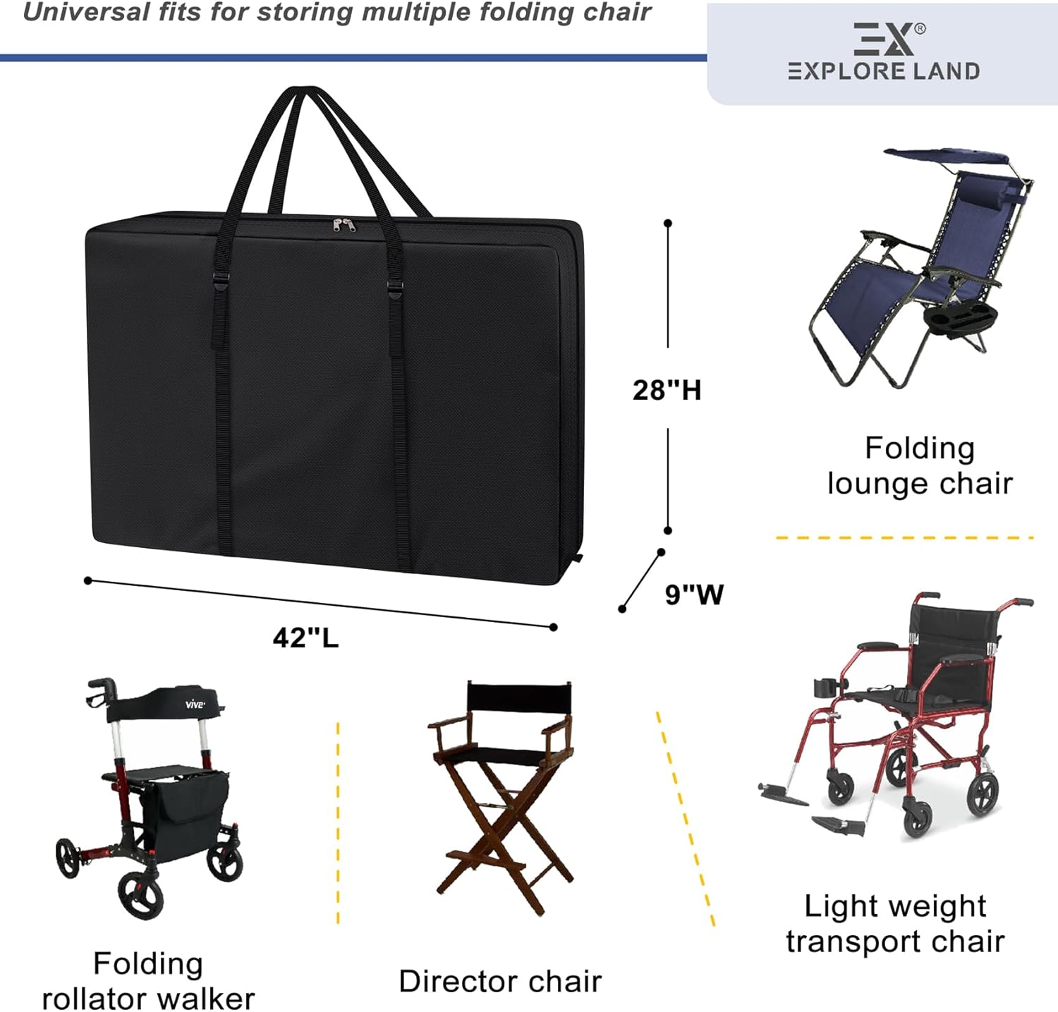 Explore Land Heavy Duty Chair Storage Bag for Folding Longue Zero Gravity Light Weight Transport Folding Rollator Walker (2Pack-Black) image number 1