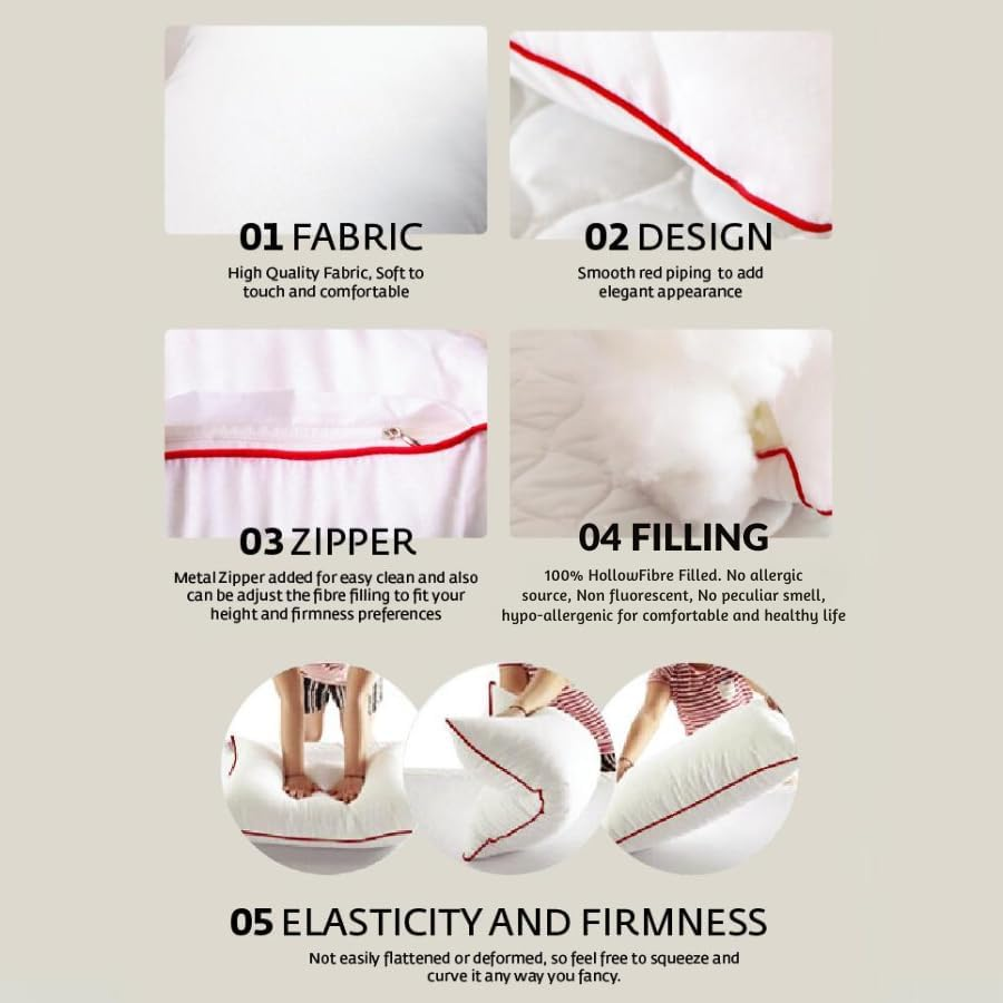 Flew Hotel Premium Pillow 100% Microfibre Pillow with Red Piping & Metal Zip for Adjustable Filling 72 Cm X 45 Cm