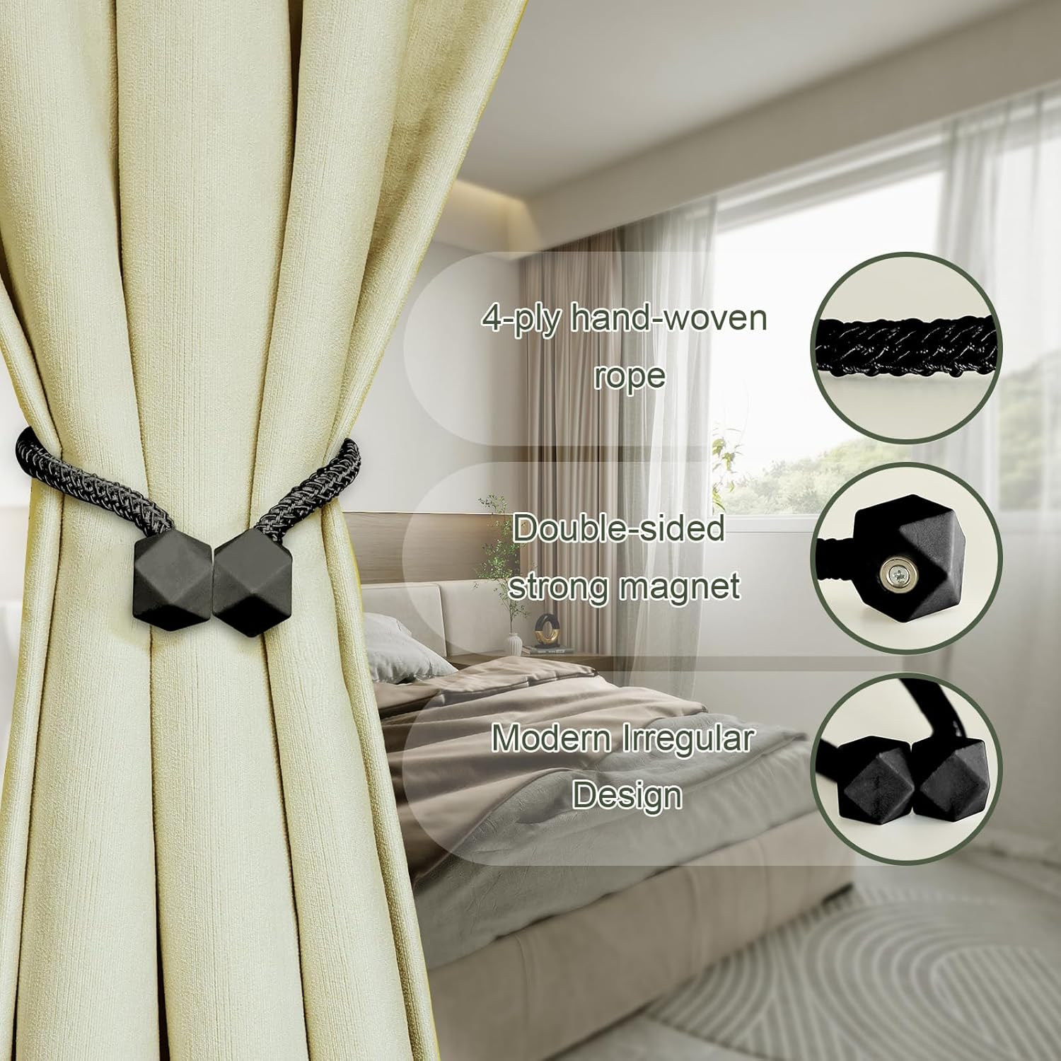 Black Magnetic Curtain Tiebacks 4 Pack Curtains Tie Backs Holdbacks Holders for Drapes Ties Magnets Buckles Clips No Drill Modern Bedroom Decor Window Treatment - Black image number 2