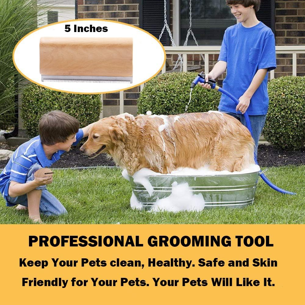 Deshedding Brush, Grooming Tool for Dogs, Cats & Horses, Ergonomic Design Wood Groom Brush, Dog Brush for Short & Long Haired, Horse Deshedding Tool - 5 Inches