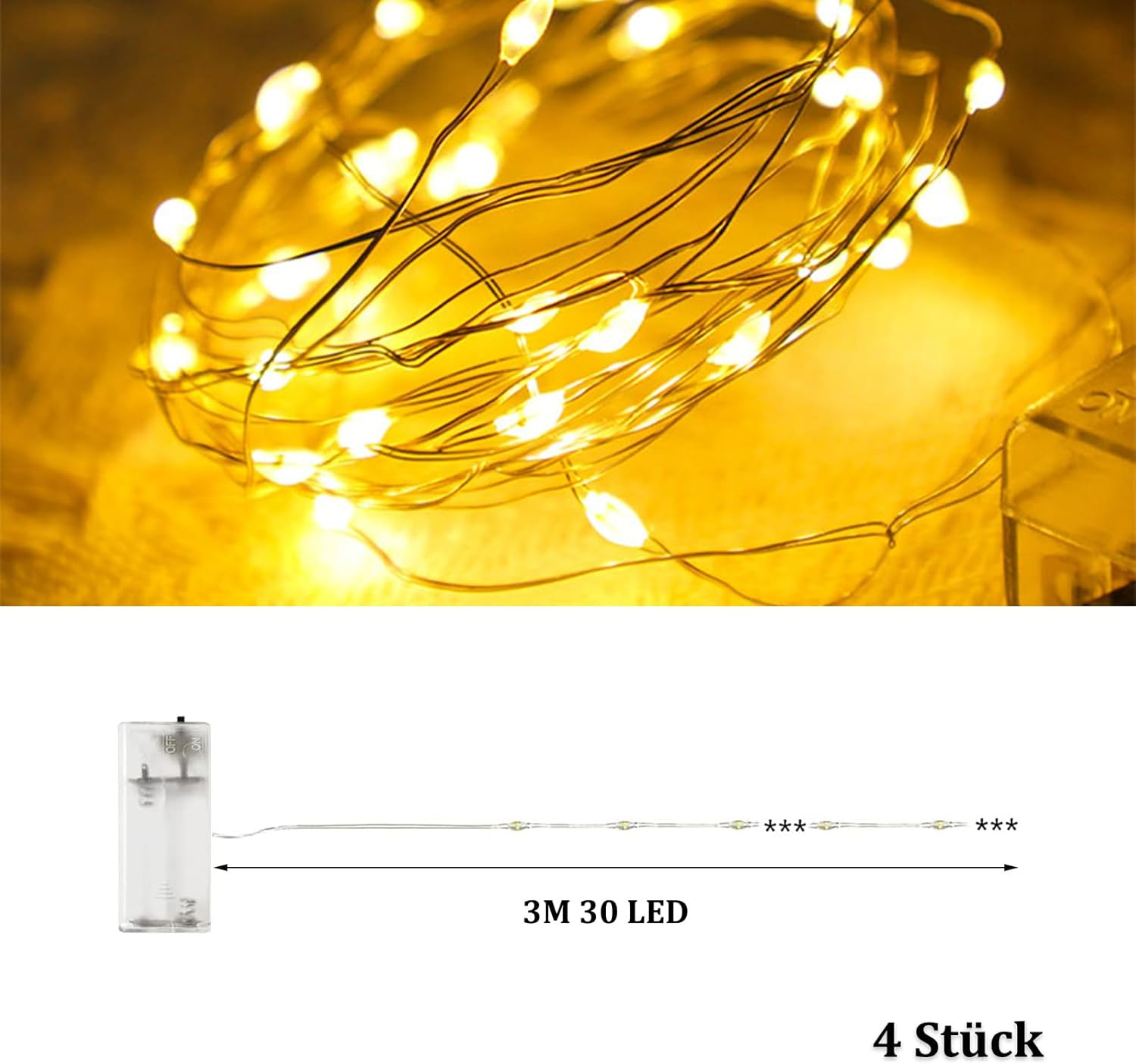 ENLACE Pack of 4 LED Fairy Lights, 3 M 30 LED Copper Wire Fairy Lights, Battery Operated, Warm White Micro Copper Wire Fairy Lights for Christmas, Wedding, Children'S Room, Party, Indoor Decoration image number 2