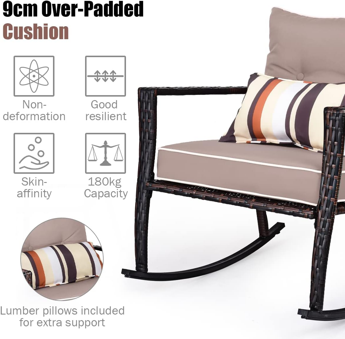 Costway 3PCS Patio Rocking Chair Set W/Lumbar Pillows, Soft Detachable Cushions, All Weather Chaise Lounge Chairs, Outdoor Rattan Wicker Bistro Set - Two Chairs & Tempered Glass Coffee Table (Brown) image number 5