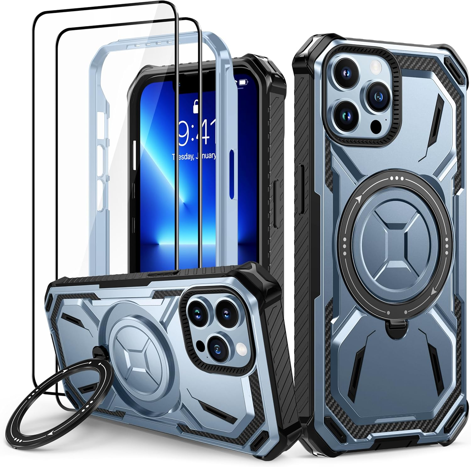 Lanhiem Mobile Phone Case for Iphone 11 Pro Case with 2 Pieces Tempered Glass and 360&deg; Ring Stand, Military Shockproof Protective Case for Iphone 11 Pro Case, Green image number 6