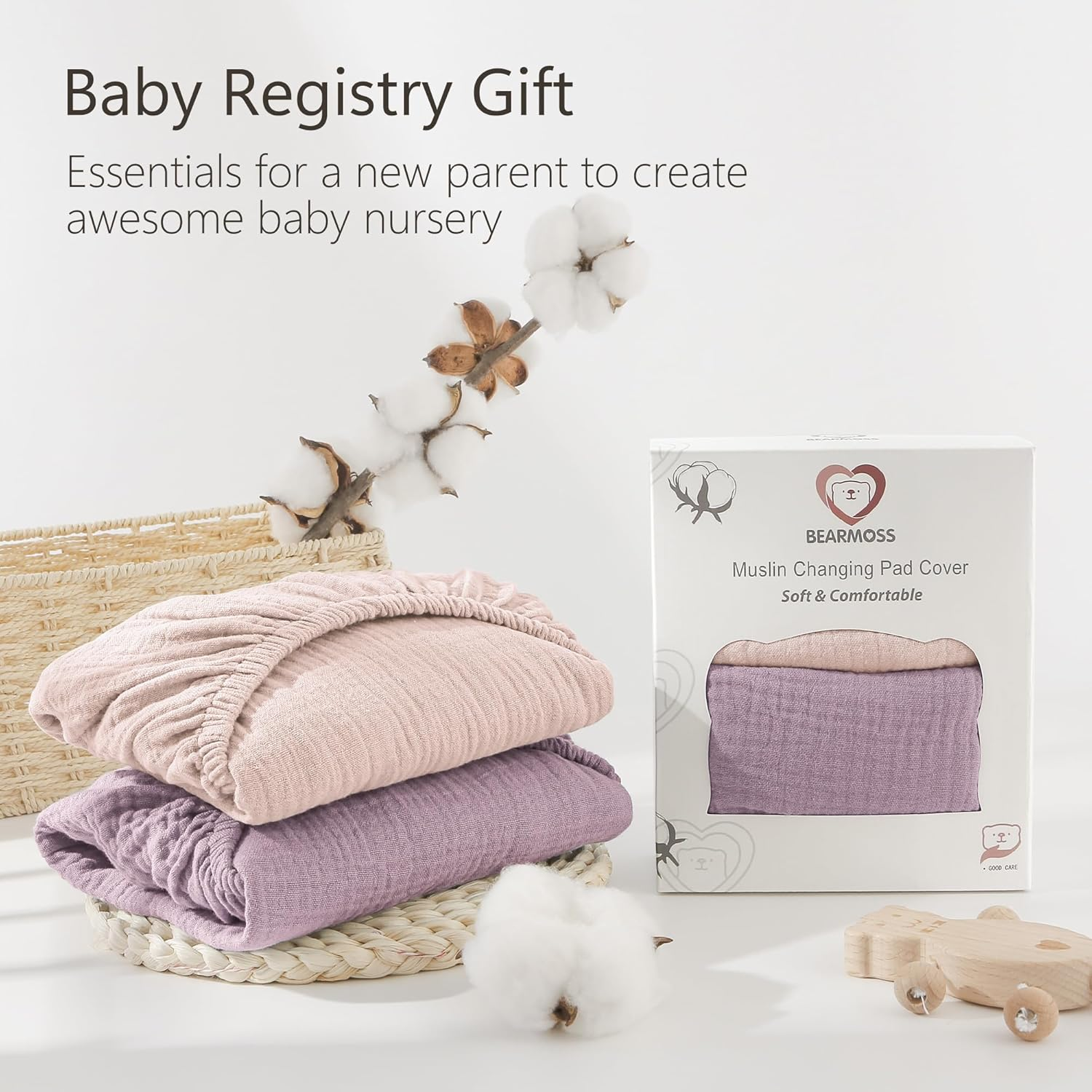 Bearmoss Changing Pad Covers 2Pack 100% Cotton Muslin Diaper Change Table Pad Covers 32&rdquo;X16&ldquo; Soft Breathable Changing Pad Sheets for Unisex Baby Girls and Boys (Candy Floss) - Candy Floss image number 2