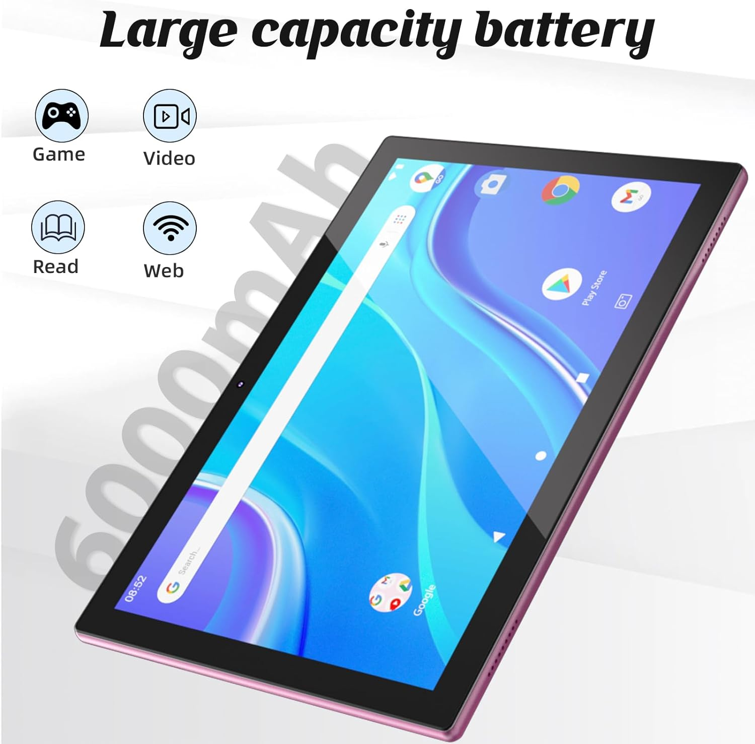 2 in 1 Tablet 10 Inch Android 14 OS Tableta, Tablets with Keyboard, Mouse, Case, Stylus, 64GB ROM+8GB RAM, 2MP+8MP Dual Camera, Quad Core Processor, 6000Mah Battery, 10.1 in FHD Tab (Pink) image number 2