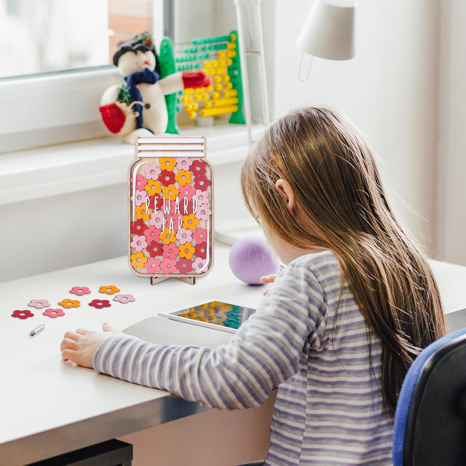 Jarthenaamcs Wooden Reward Jar for Kids Daisy Flower Cutouts Positive Incentive Behavior Chart with Base Management Tools Decoration Reward System for Student Teacher School Classroom Supplies, 38Pcs image number 2