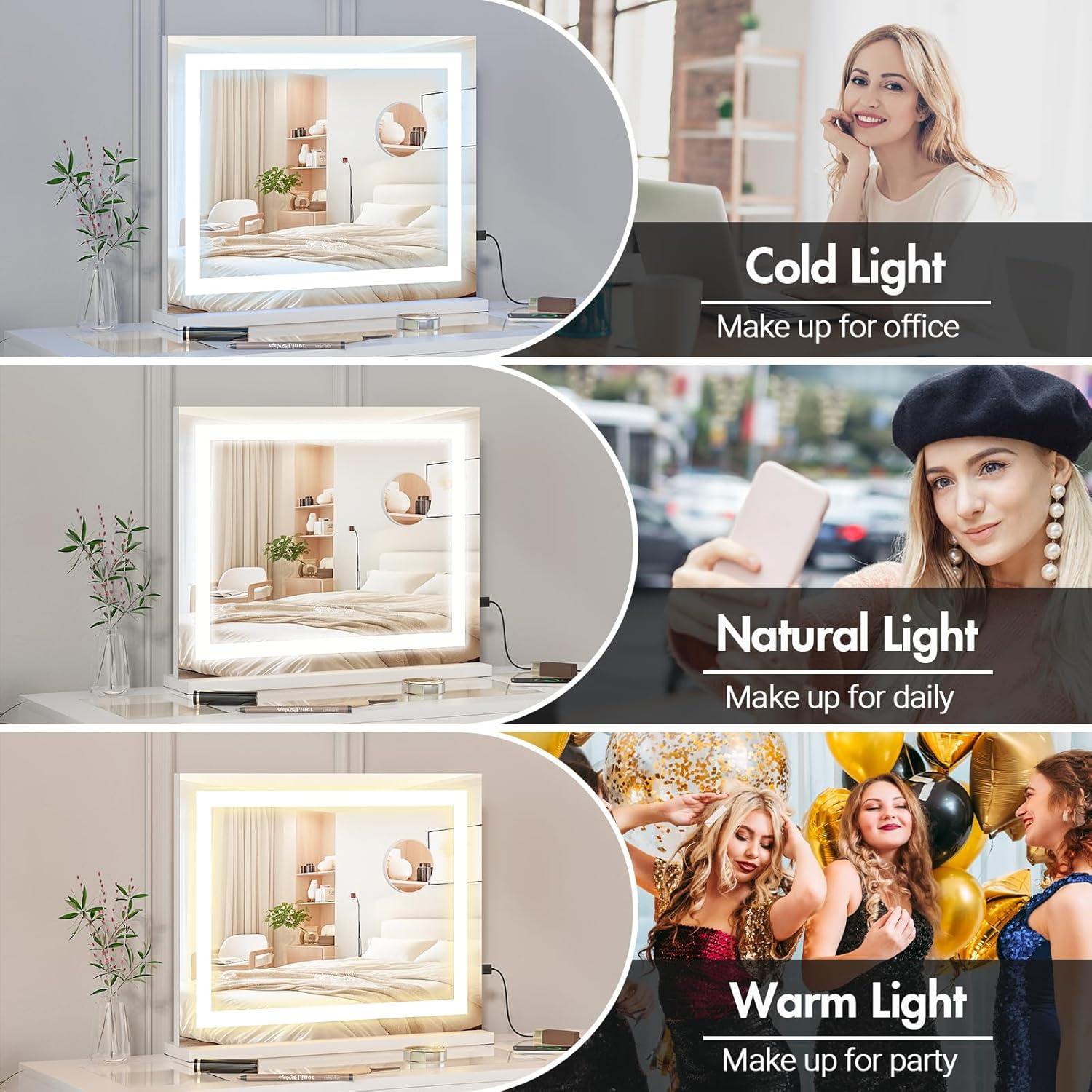 Advwin Lighted Vanity Mirror, 3-Color Dimmable LED & Touch Control - Large Makeup Mirror for Dressing Room with 5X Magnification Mirror Tabletop or Wall-Mounted, White image number 3