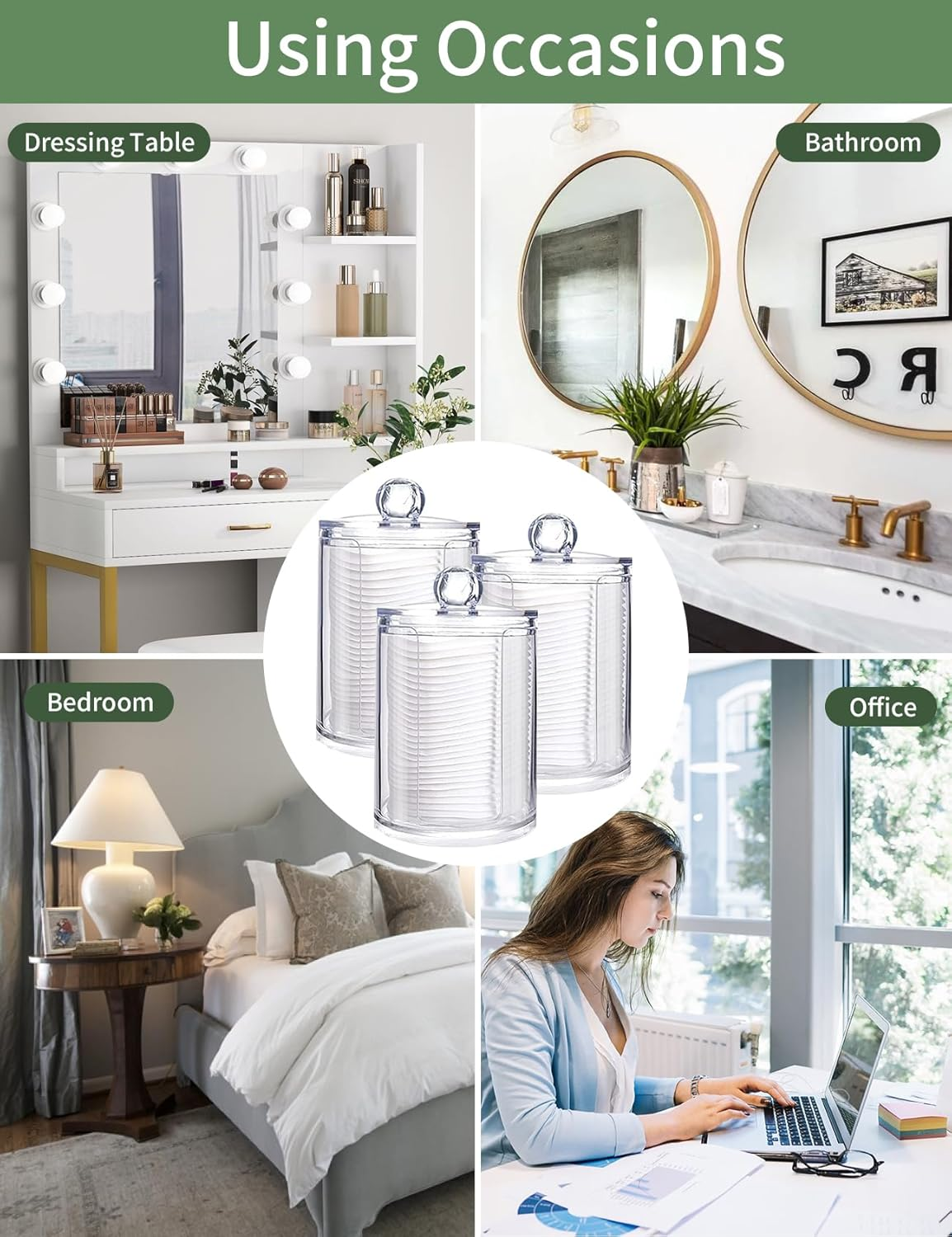 3 Pack Qtip Holder Dispenser Kit for Cotton Ball round Pads, Clear Plastic Jars Set, Jars with Lids for Bathroom Organization, 10 Oz Holder Storage Canister Acrylic Jars, Bedroom Accessories image number 5