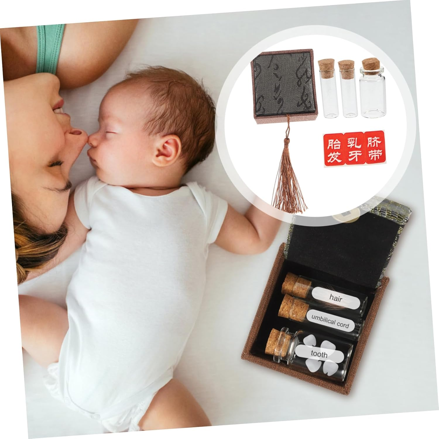 Baby Fetal Hair Box and Kids Teeth Keepsake Organizer Set 3 Glass Bottles Sticker Newborn Tooth Storage Holder for Baby Hair and Random Style