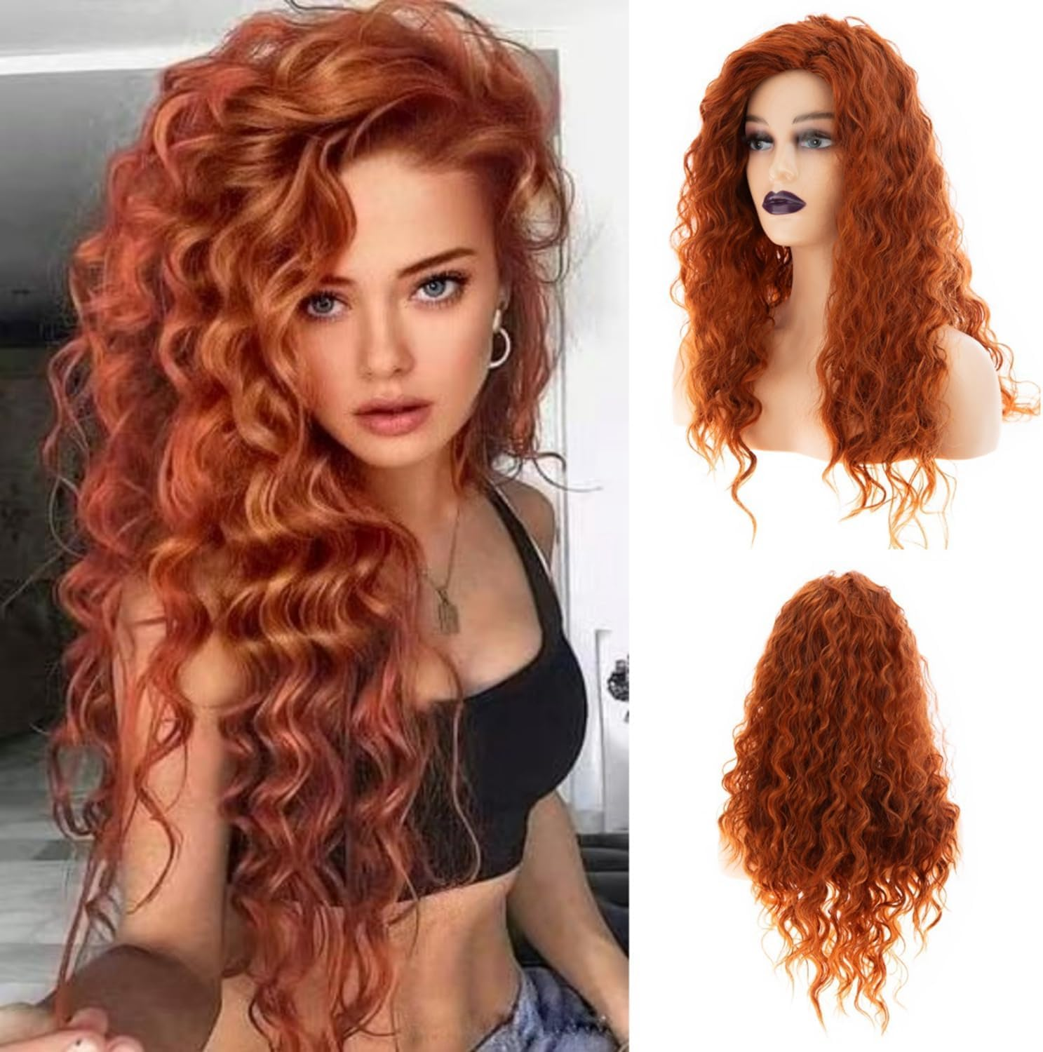 Beweig Long Curly Wavy Orange Wig for Women Side Part Natural Looking Cosplay Synthetic Heat Resistant Replacement image number 5