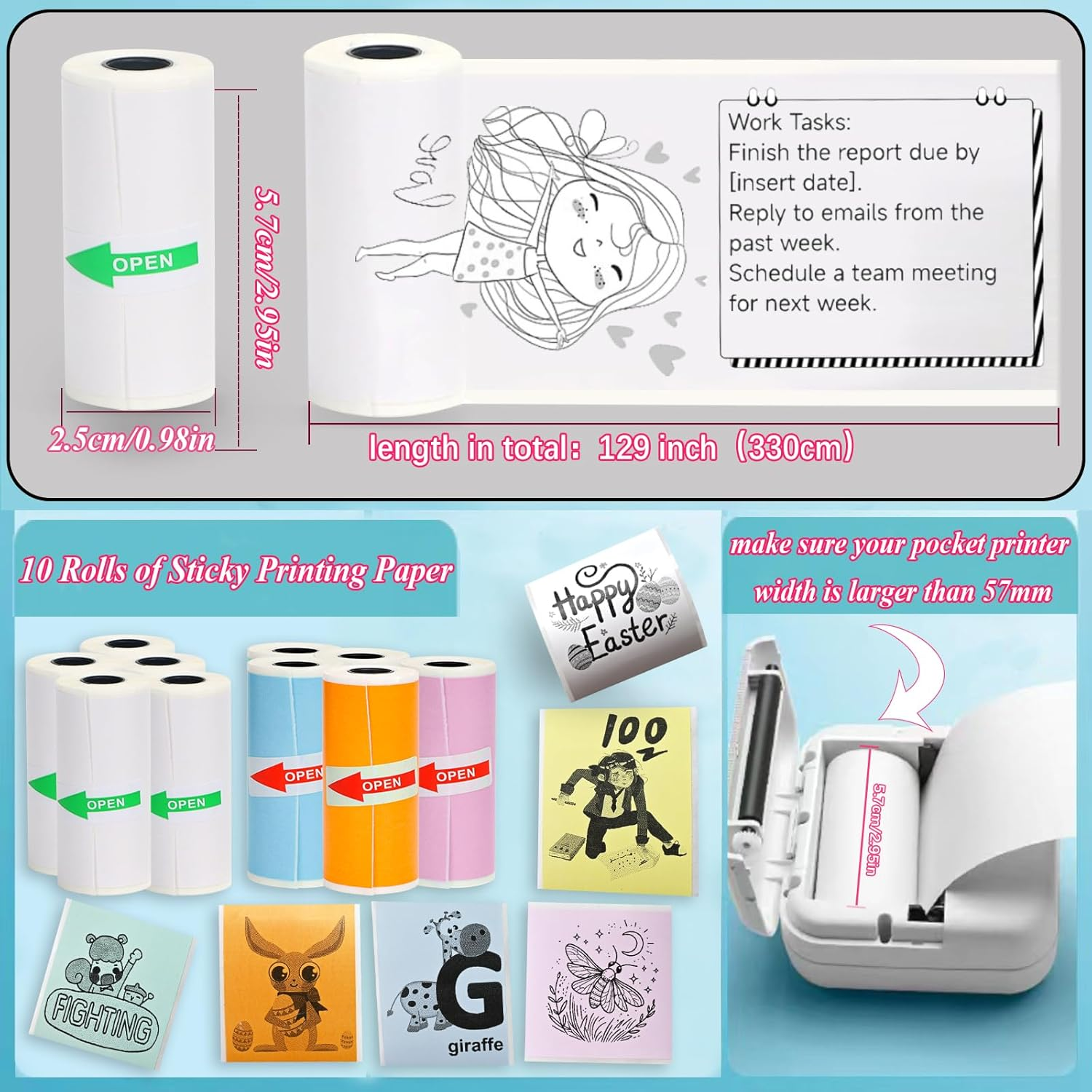 Rifanda 10 Rolls Thermal Sticker Paper, 57Mm X 25Mm, 5 Rolls White, 5 Rolls Colorful, for Most Mini Thermal Printers, Study Notes, Photos, Journals, Memo Lists image number 5