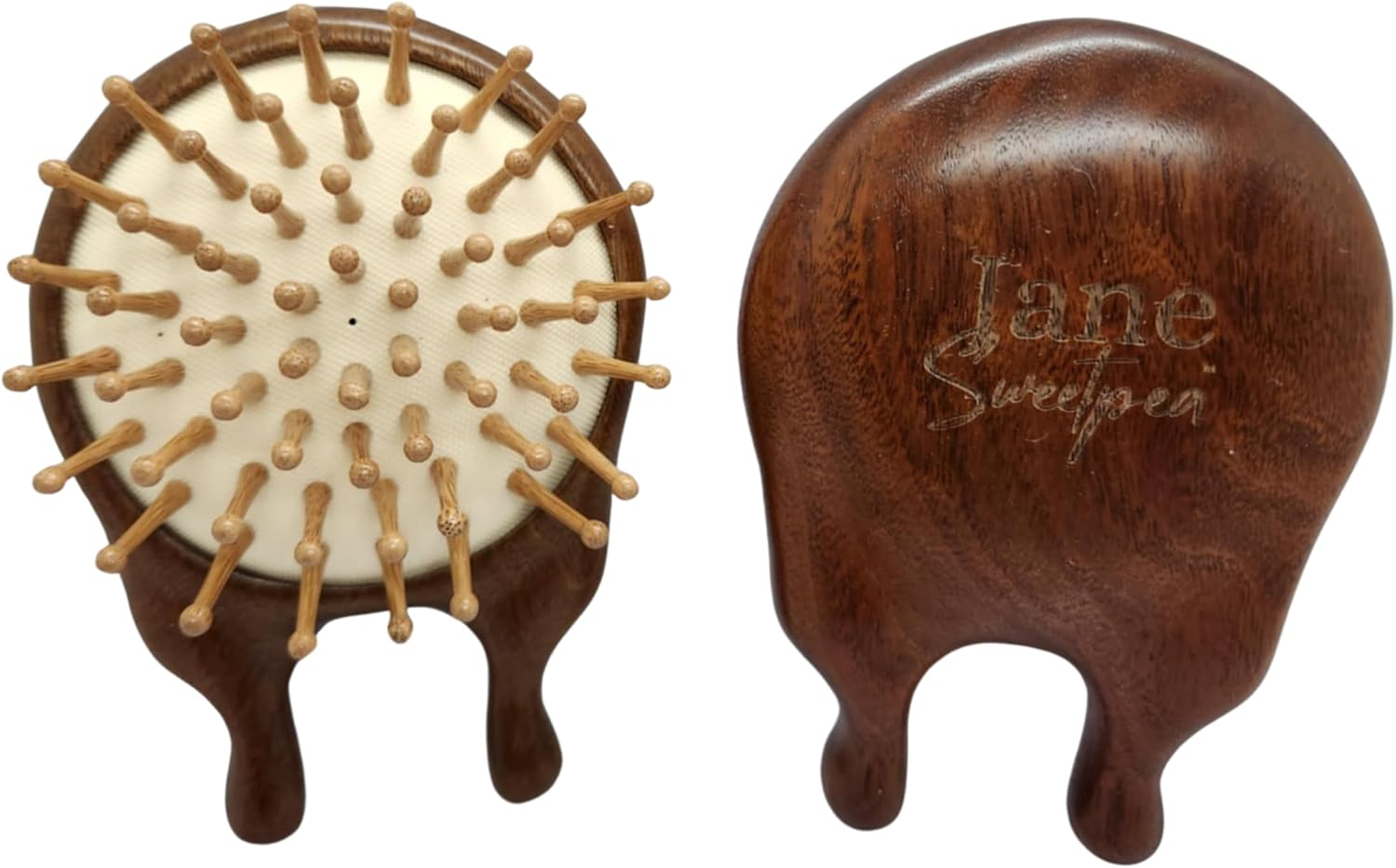 Jane Sweetpea Sandalwood Scalp & Facial Massage Brush with Bamboo Bristles &ndash; Compact Wooden Detangler, Anti-Static, Eco-Friendly, Natural Jute Storage Bag