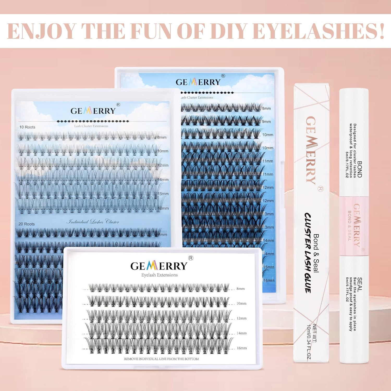 GEMERRY Lash Bond and Seal Eyelash Glue, Cluster Lash Glue, Individual Lash Glue Eyelash Glue for DIY Eyelash Extensions Clear Waterproof 48H+ Latex-Free Overnight Beginner Friendly (5Ml+ 5Ml)