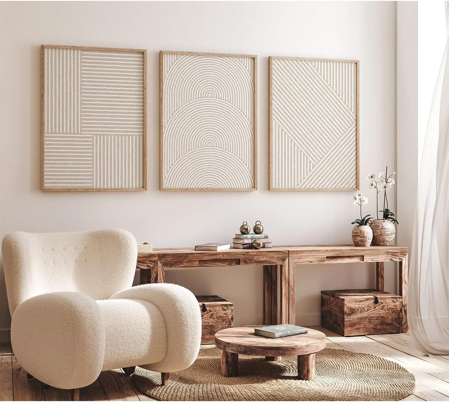 Beige Abstract Wall Art Pictures Set of 3 Boho Modern Canvas Wall Decor Neutral Line Wall Art Minimalist Art Abstract Beige Prints Painting Modern Artwork for Living Room Bedroom 16X24 Inch Unframed image number 5