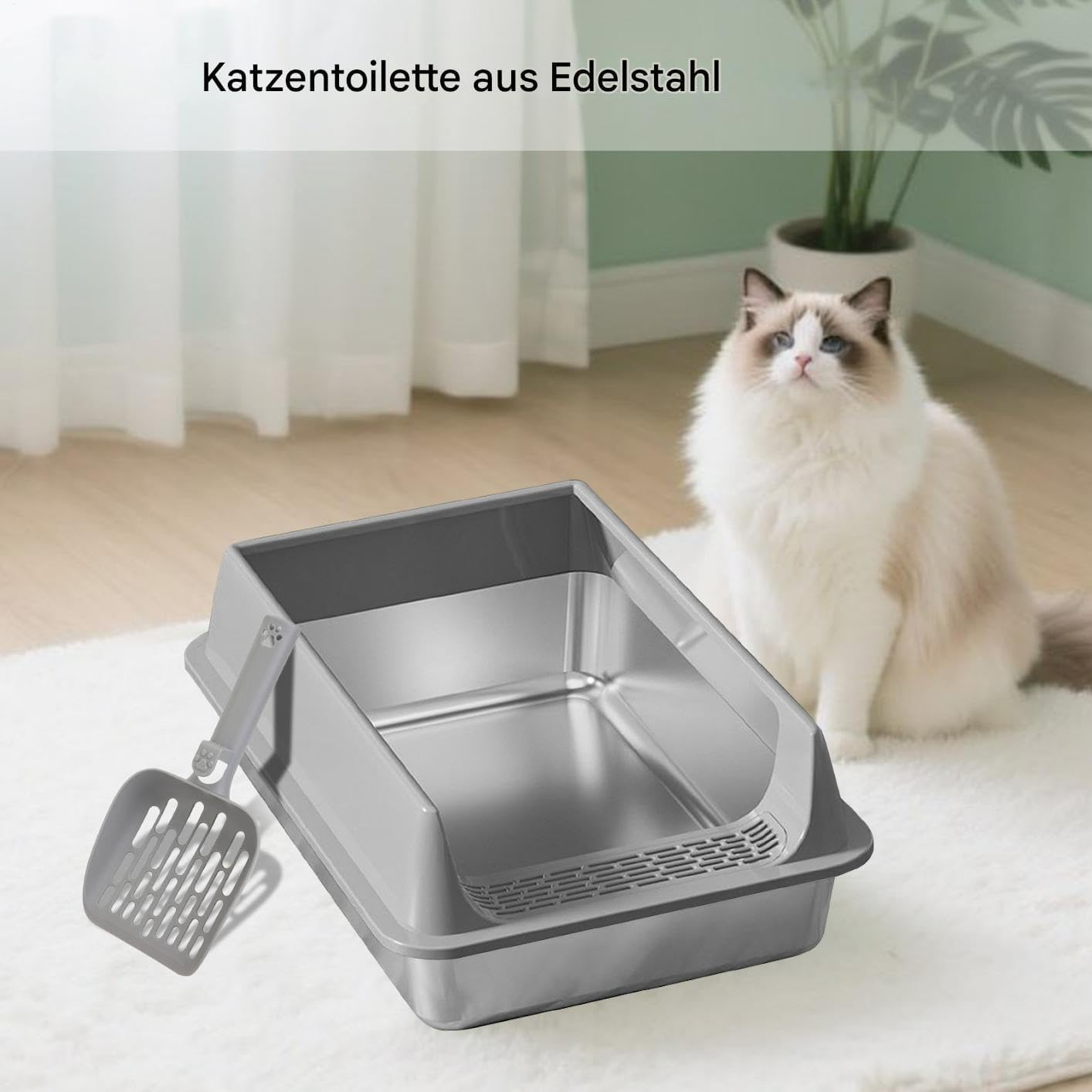 Davivian Stainless Steel Cat Litter Tray | Stainless Steel Cat Litter Tray Splash-Proof with Shovel | Urine Leakage Protected Pet Supplies | for Small and Medium Cats Home Garden Balcony Patio Use image number 1