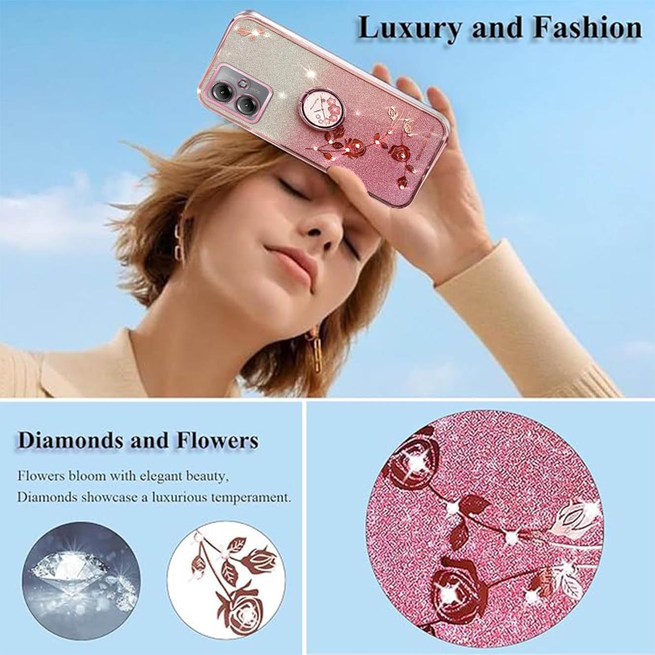 YUECXIN Case for Motorola Moto G55 5G with Shiny Flowers Ring Stand, Cute Bling Women Girls Mobile Phone Case, Ultra Thin Shockproof Soft TPU Silicone Protective Case, Pink image number 1