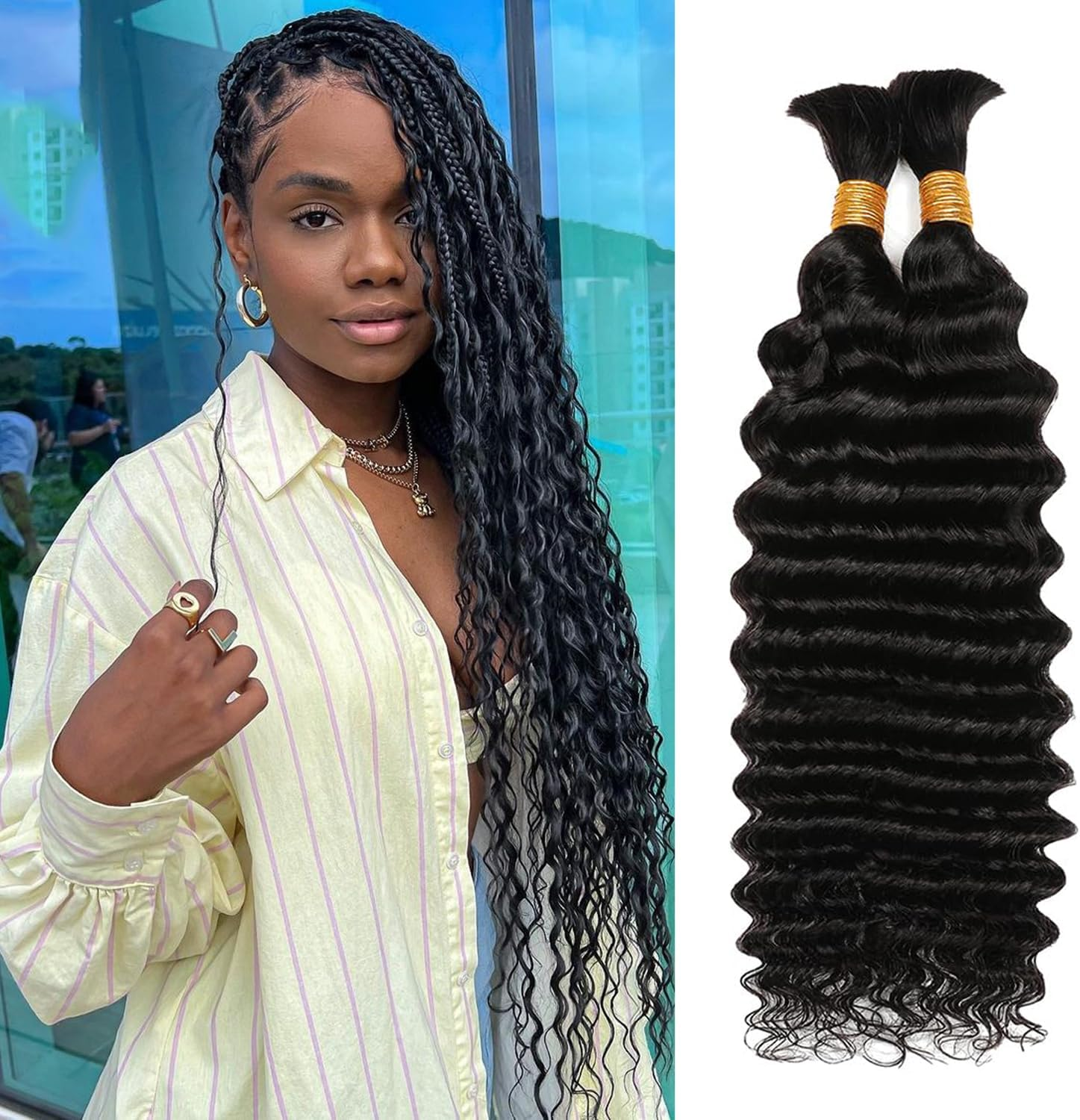 Deep Wave Bulk Human Hair for Boho Braids Human Braiding Hair for Micro Braid 100% No Weft Brazilian Virgin Curly Human Hair Extensions for Boho Braids (Deep Wave 1B#, 18Inch 100G(50Gx2Bundles)) image number 5
