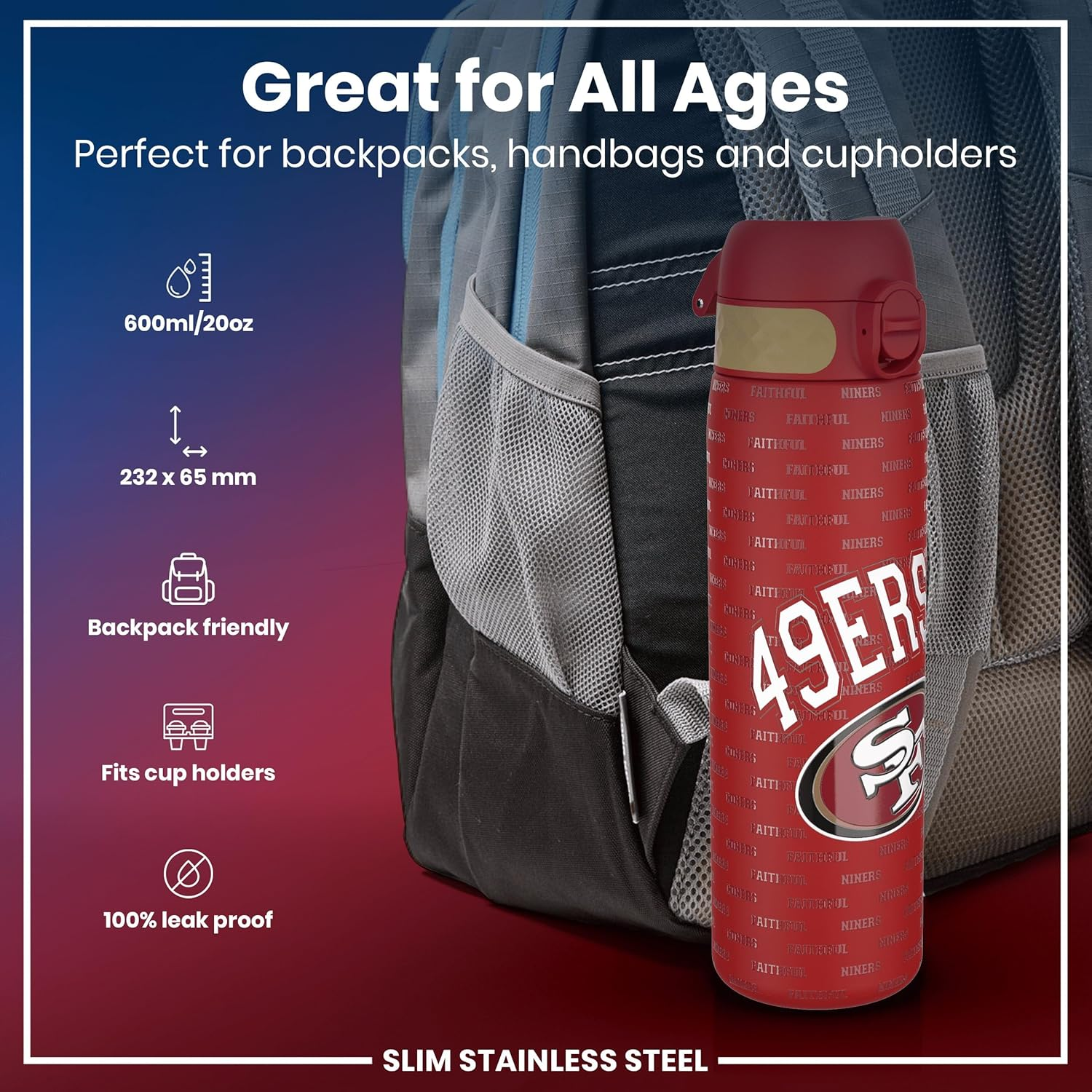 Ion8 NFL 49Ers Lightweight Steel Water Bottle, 600 Ml/20 Oz, Non-Insulated, Leak Proof, Easy to Open, Secure Lock, Dishwasher Safe, Flip Cover, Fits Cup Holders, Metal Water Bottle image number 4