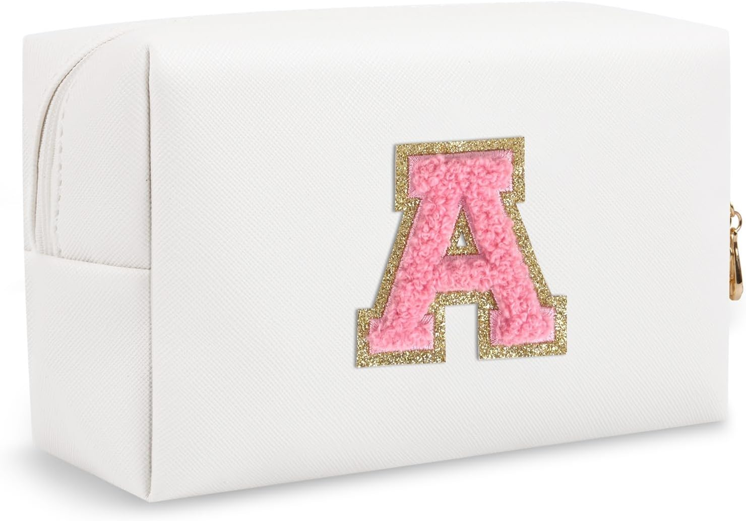 Personalized Makeup Bag Initial A-Z Preppy Patch Bag,Small PU Leather Travel Cosmetic Bag Pouch with Zipper,White Cute Toiletry Bag,Gift Ideal for Teen Girls Women Birthday Friend Mom,Letter A image number 7