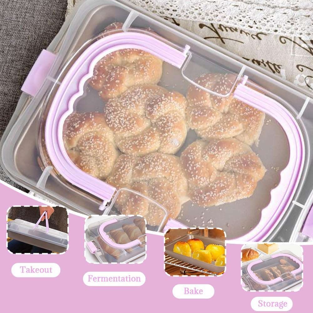 Cake Pan with Lid, Metal Baking Pan and Transparent Plastic Lid, Rectangular Cake Pan Holder with Handle for Easy Carrying, Suitable for Outdoor Dinners, Parties, Home Kitchens, Bakery Baking