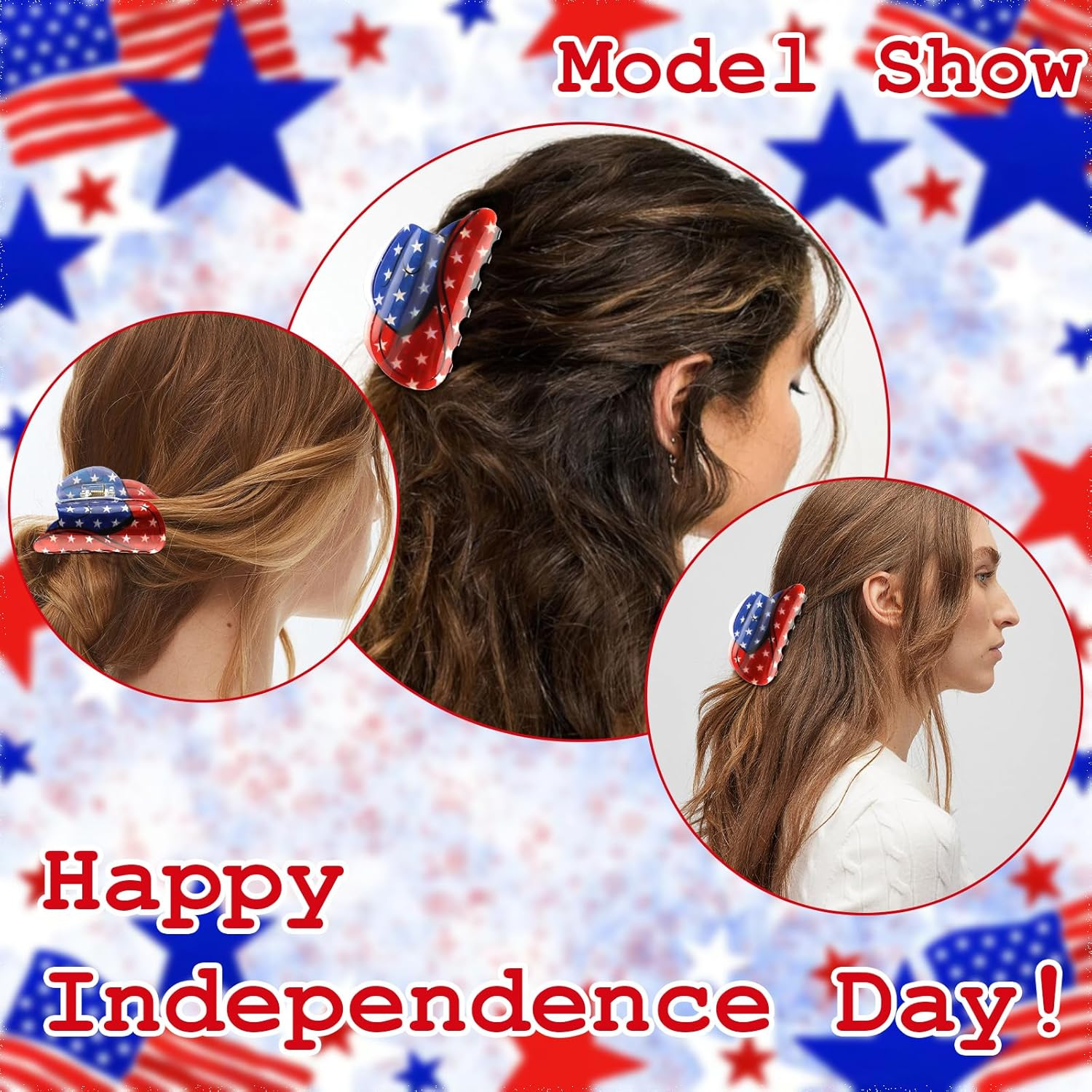 4Th of July Hair Accessories for Women Girls, Hapdoo American Flag Claw Clips Blue Red White Stars, Independence Patriotic Hair Clip Western Cowboy Hat Shaped image number 5