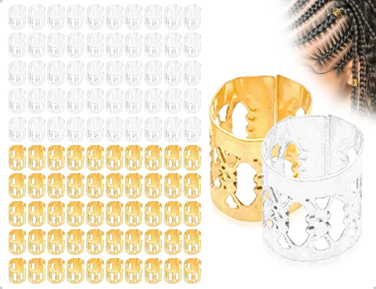 Emezddo Pack of 100 Dreadlocks, Adjustable Metal Cuffs, Hair Accessories, Hair Spiral Clips, Braiding Accessories, Used for Men, Women, Girls and Boys Braids (Gold and Silver) image number 2