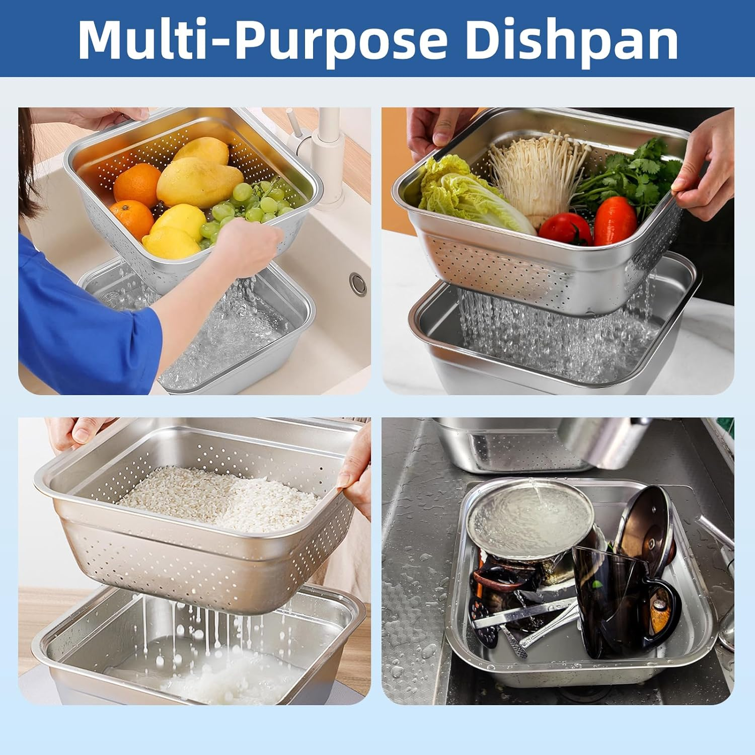 2-In-1 Stainless Steel Washing up Bowl Set, 12.8" Sturdy Square Dish Tub with Colander, Fruit Vegetable Washing Basin for Sink, Food Grade Dishpan for Draining Rice, Pasta, Food Strainer Mixing Bowl image number 1