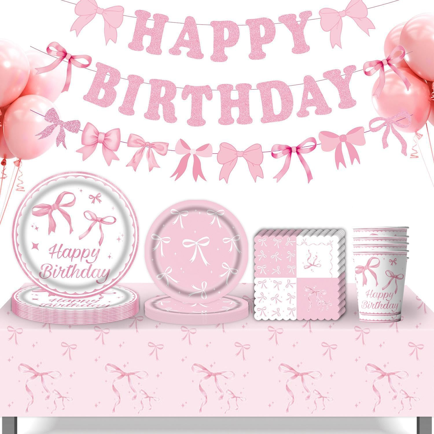76PCS Happy Birthday Party Tableware Plates Romance Pink Bow Banner Tableware Set Valentine'S Day Party Decorations Theme Disposable Paper Plates Napkins Cups Tablecloth Party Table Decor Upgraded image number 6