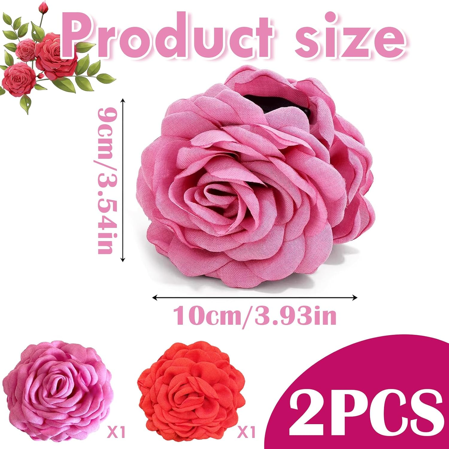 ASOMI 2 Pack Large Hair Clips with Hawaiian Roses Floral Hair Clips for Women and Girls, Thin Hair, Blooming Rose Claw Clips, Non-Slip (Rose Red, Red) image number 4