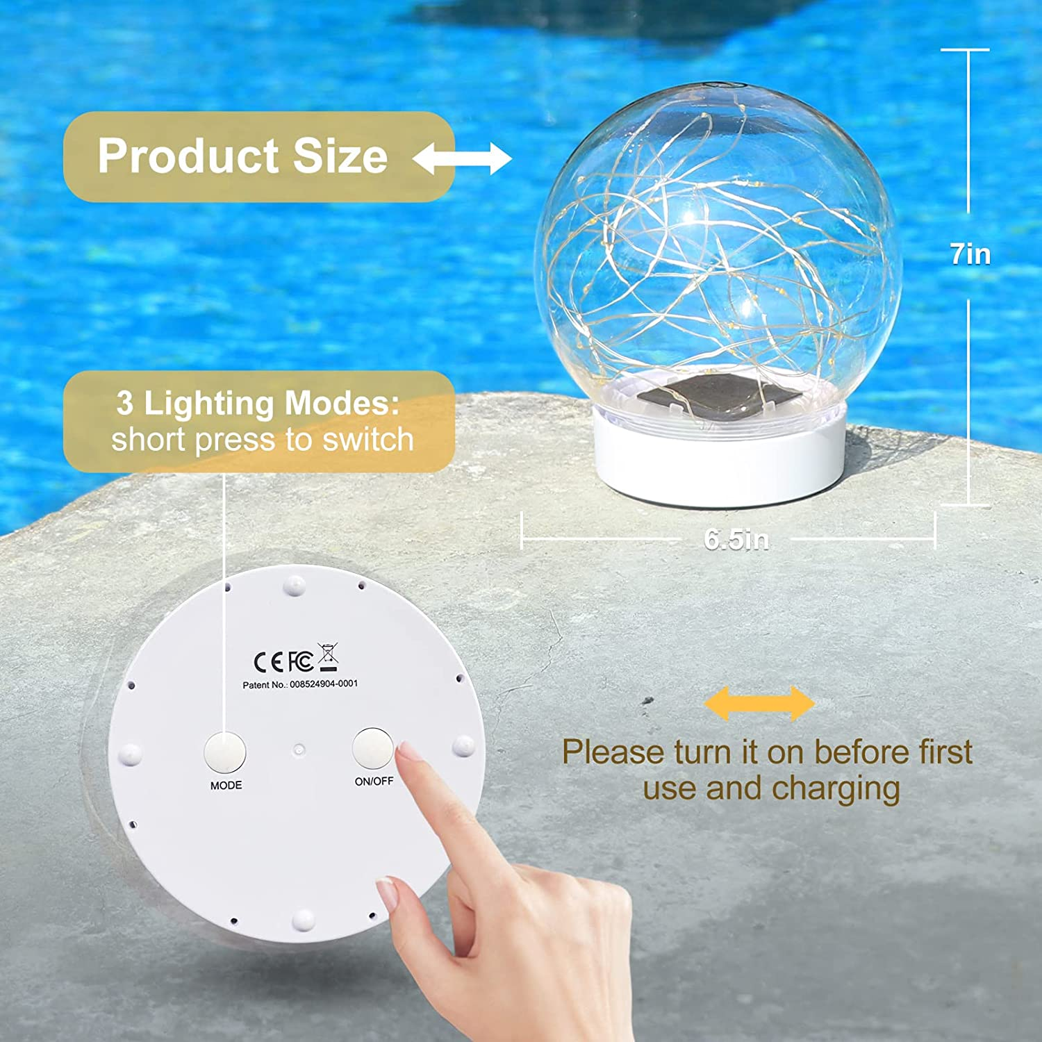 LENONE Solar Floating Pool Lights, Warm White LED Solar Glow Globe Pool Lights That Float, Auto ON/OFF Waterproof Pool Floating Lights, 7&rdquo; Floating Lights for Pool Yard Party Christmas Decor(2 Pieces)