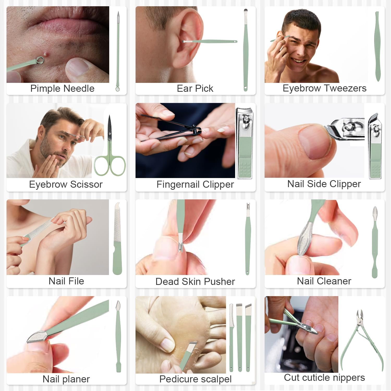 Manicure Set Professional Nail Clippers Pedicure Kit 16Pcs, Portable Stainless Steel Nail Kit Nail Clipper Set Manicure Set, Pedicure Kit Grooming Kit with Brown Leather Case for Men Women (Green) image number 5