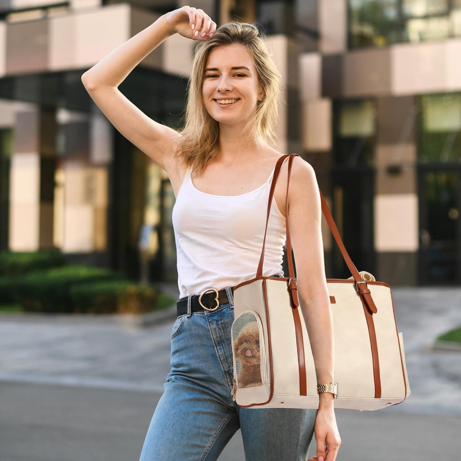 Lasaviin Fashion Dog Purse Pet Carrier Leather Bag for Small Dogs Cats Puppy, Portable Tote Bag Airline Approved Soft-Sided Carriers (Beign)