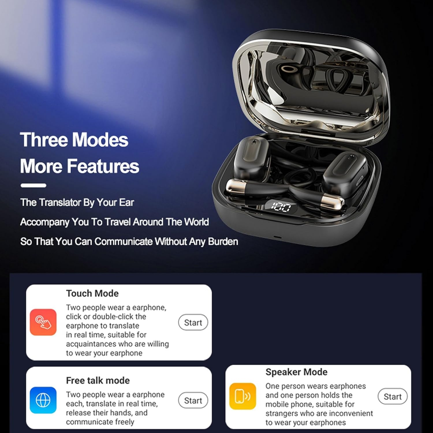 Elprico Voice Translator Earbuds, Real-Time Translation in 144 Languages with Bluetooth and App, Instant Online Voice Translation with 3 Modes for Travel, Business Learning, for Android image number 2