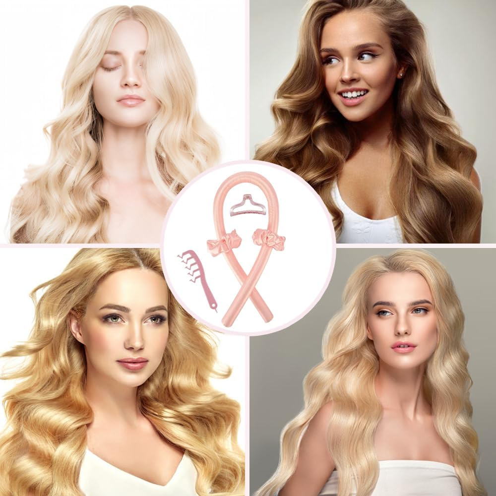 Heatless Curling Rod Headband, Silk Overnight Styling Kit for Long and Medium Curls, Women Heatless Curls with Hair Claw Clip, DIY Hair Rollers Styling Tool for Sleep in Overnight (Pink) image number 2