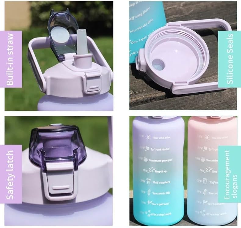 OCS & APS Australia 2L Motivational BPA Free 2000Ml Plastic Sports Water Bottle with Straw and Handle (Pink and Light Blue)