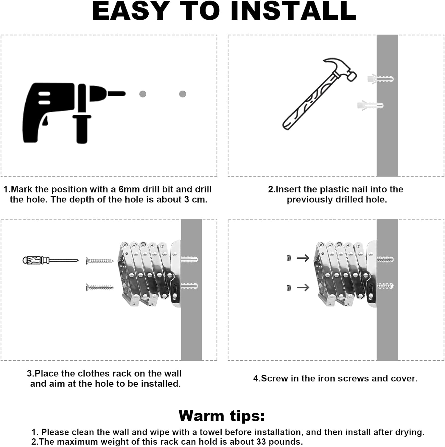 Extendable Wall Mounted Clothes Drying Racks Stainless Steel Airer Dryer Towel Rails Balcony Airer Clothes Dryer 42-70 Cm Width Chrome image number 6