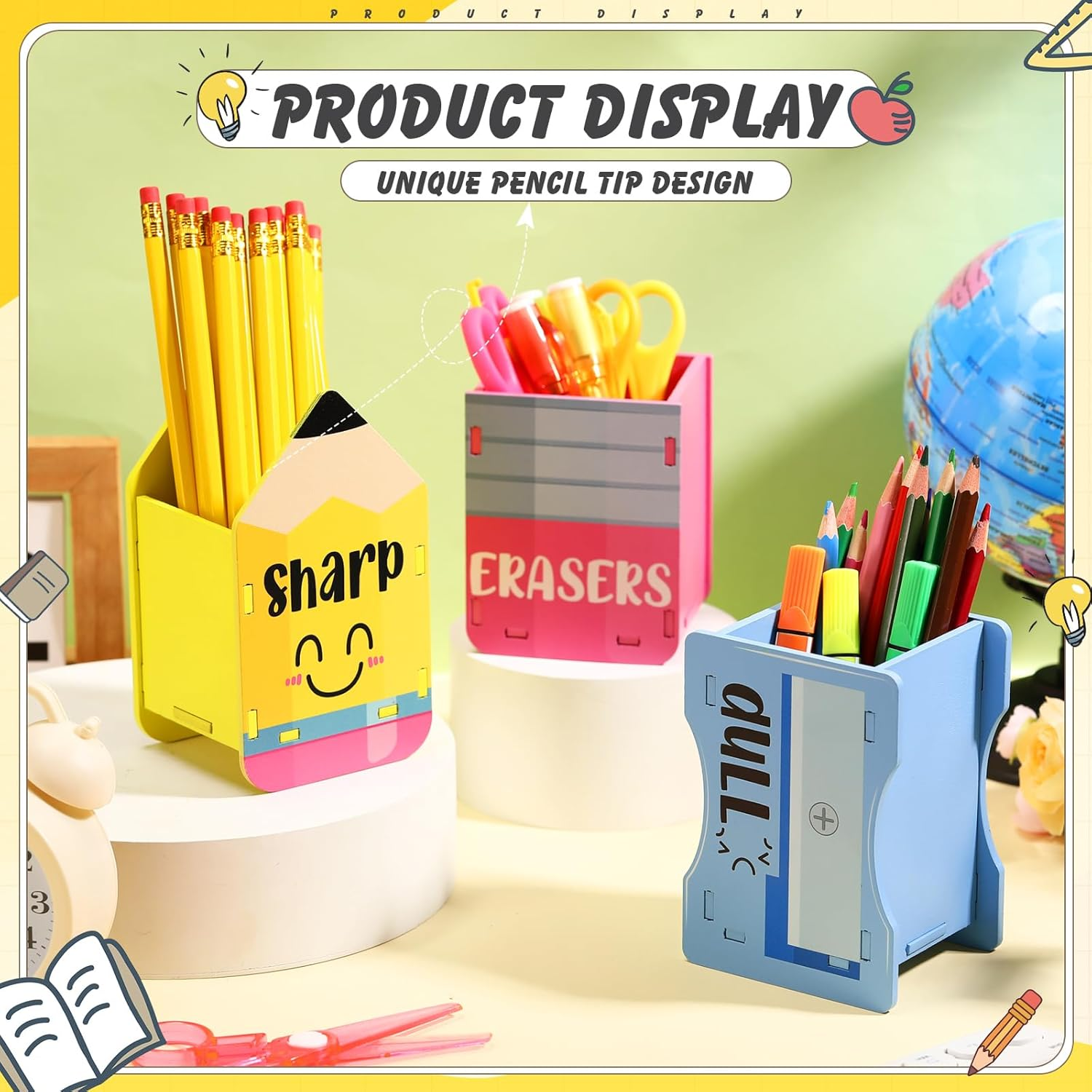 Amazingspark 3 Pcs Pencil Shaped Holder Sharp and Eraser and Dull Holder Wooden Dispenser Pencil Storage Organizer for Back to School Management Organization(Cute)