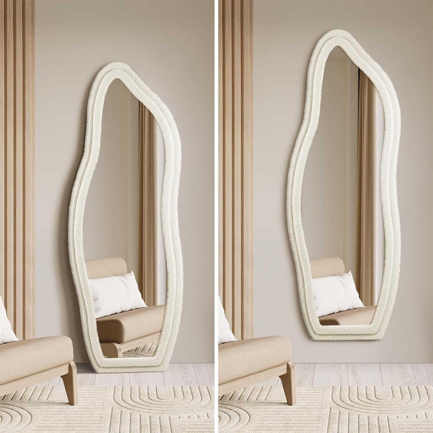 Oikiture Full Length Mirror 160 X 57 Cm Irregular Floor Standing Mirror with Boucle Fabric Frame