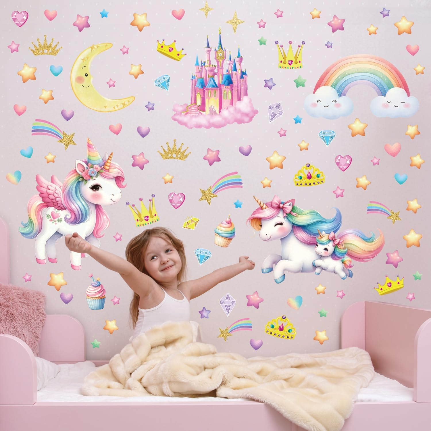 DECOWALL GDS4-8089 Glow in the Dark Unicorn Wall Stickers Decals Kids Stars Glowing Castle Moon Rainbow image number 5