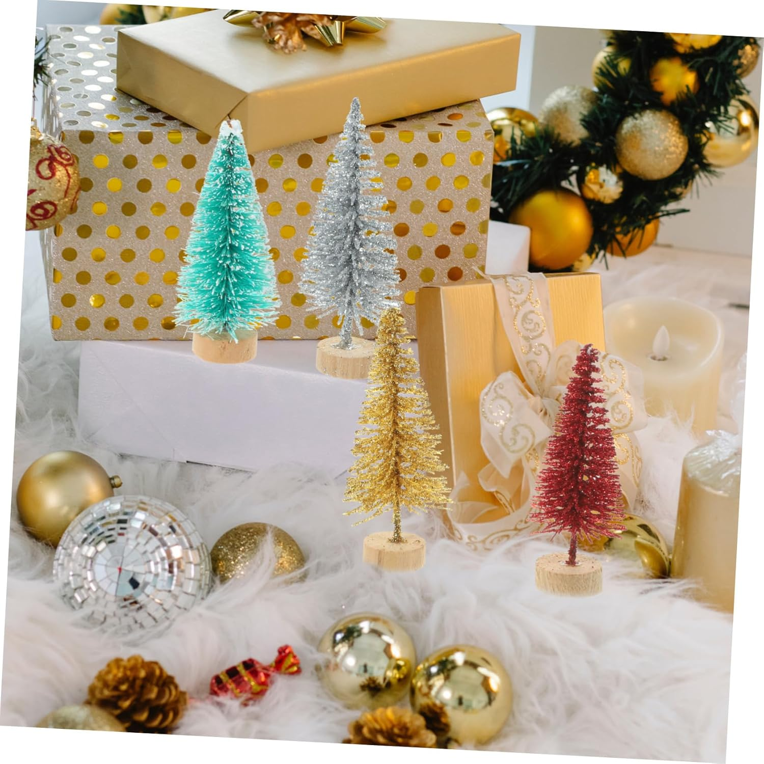 48Pcs Miniature Xmas Trees Wooden Base Realistic Simulated Christmas Tree Decor for Home Office and Holiday Parties Vibrant Colors Including image number 4